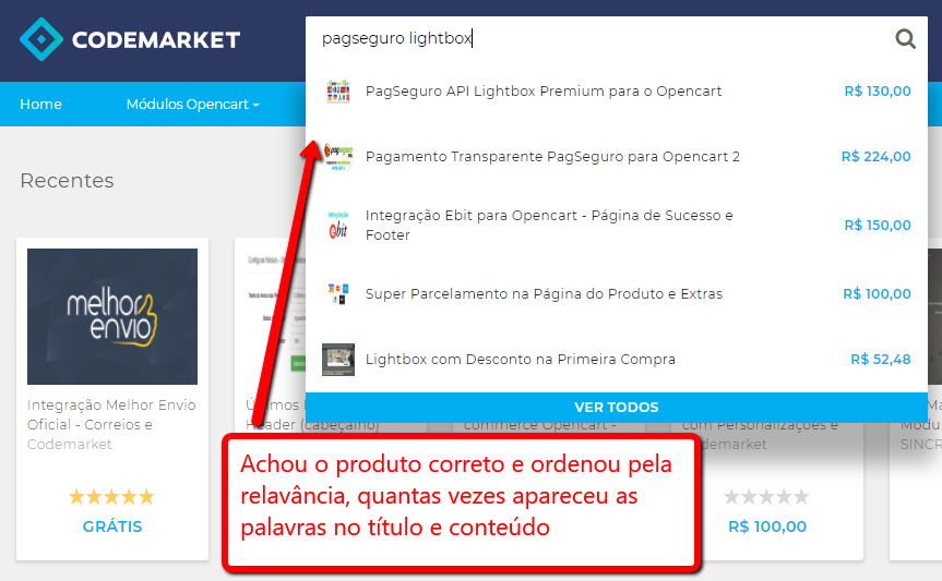 Busca Codemarket usando Full-Text-Search - Encontre fácil módulos para o E-commerce Opencart